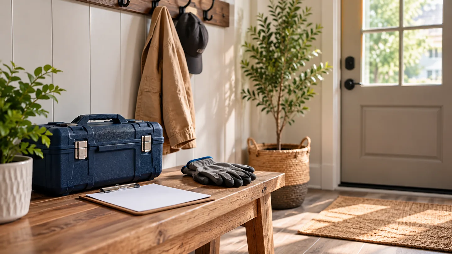 Service case and blank paperwork in a quiet residential entryway
