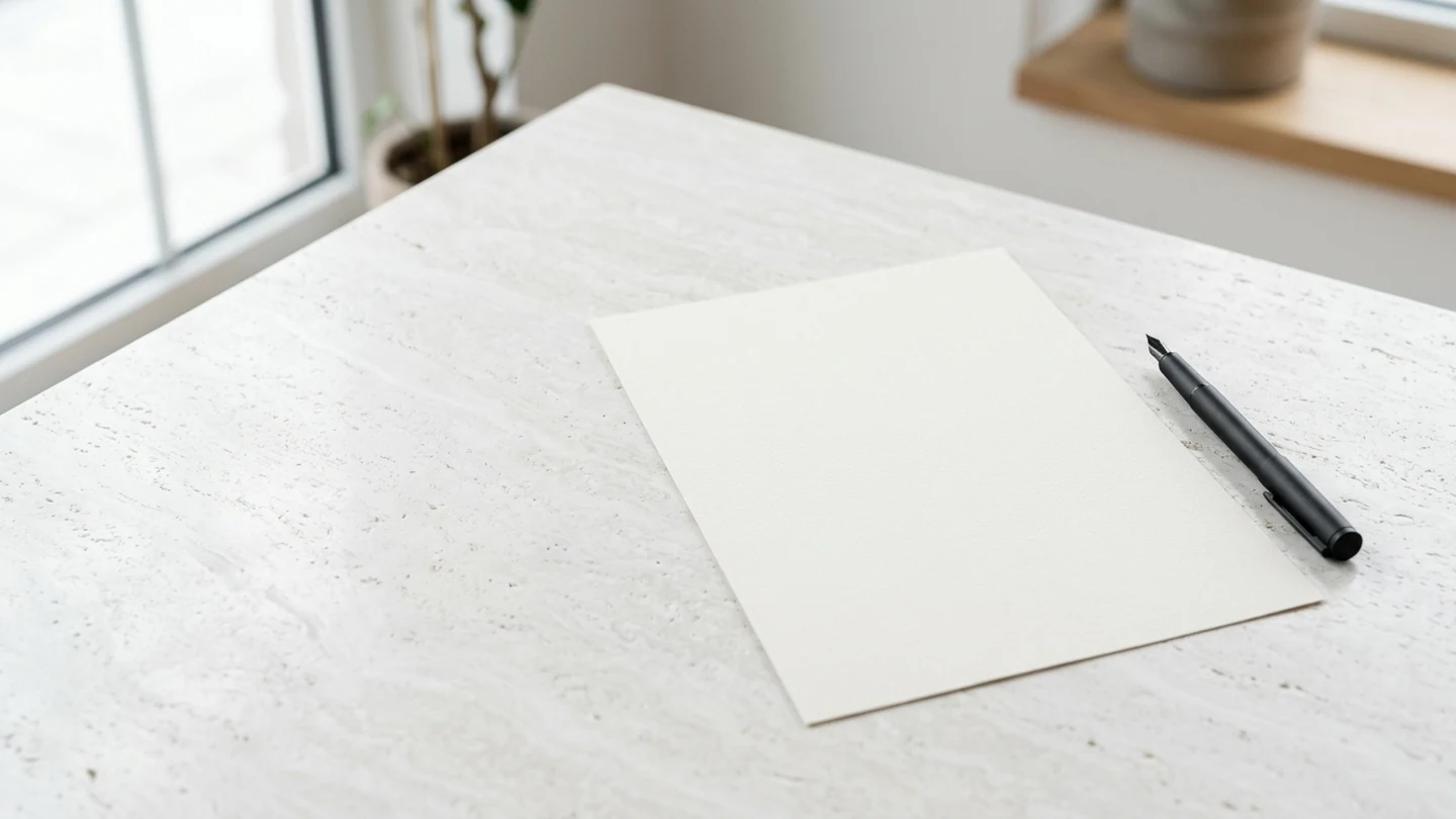 Blank sheet of paper and black pen on a light stone surface
