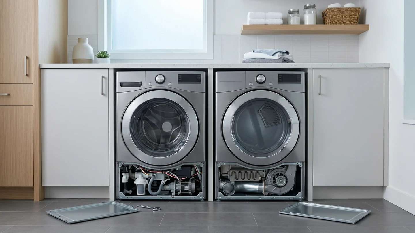 Side-by-side front-load washer and electric dryer in a modern laundry room
