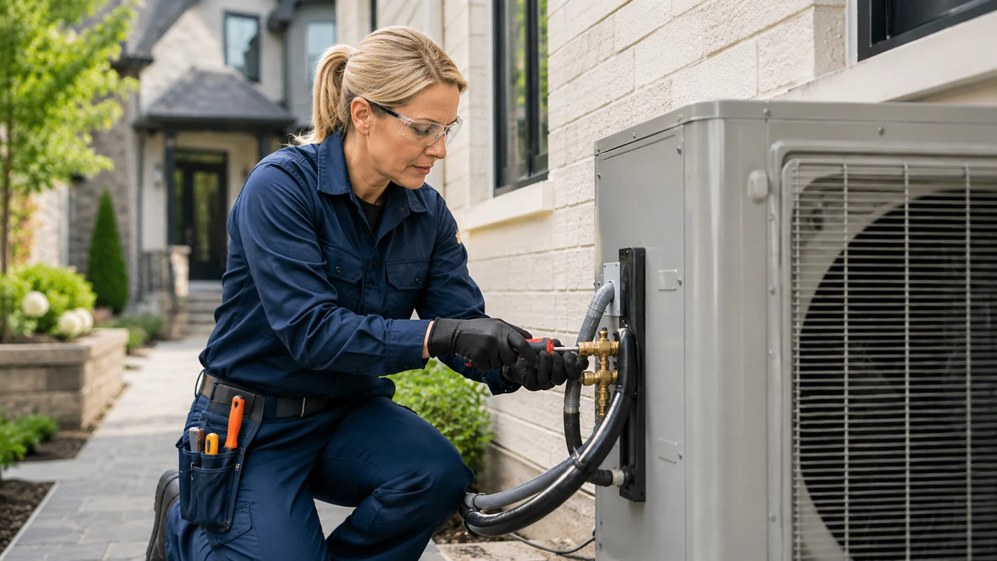 Outdoor air-conditioning condenser installed beside a residential home