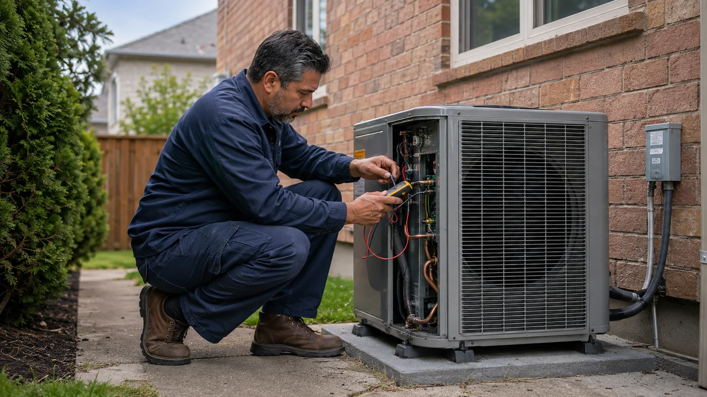 Technician checking an outdoor air-conditioning condenser for an Ajax service request