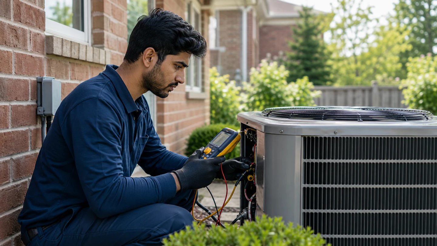 Technician checking an outdoor residential air-conditioning condenser