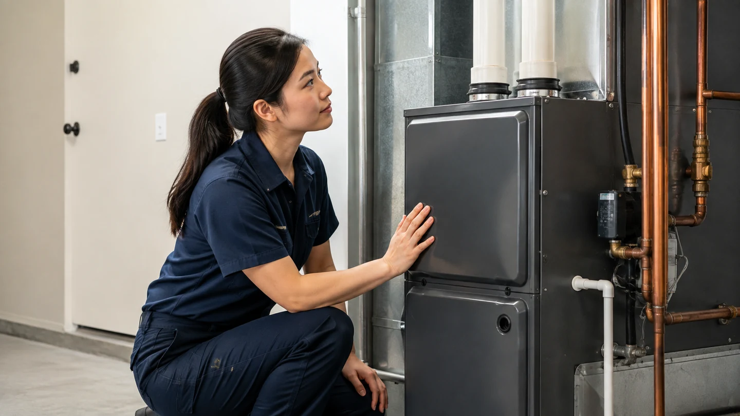 Residential furnace equipment installed in a mechanical room