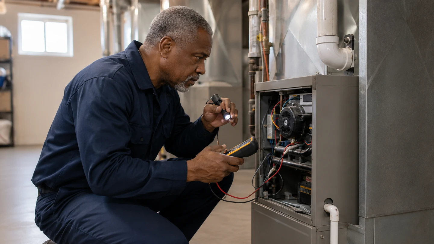 Technician inspecting furnace components for an Ajax repair request
