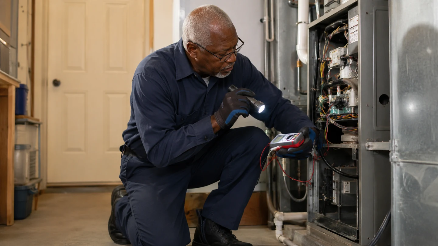 Technician inspecting furnace components in a residential mechanical room