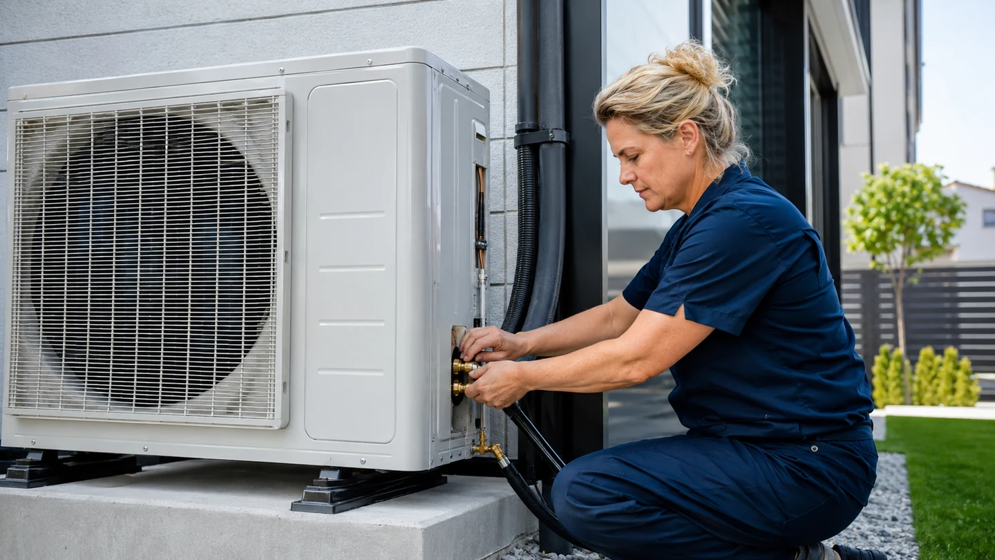Outdoor heat-pump unit installed beside a residential brick wall