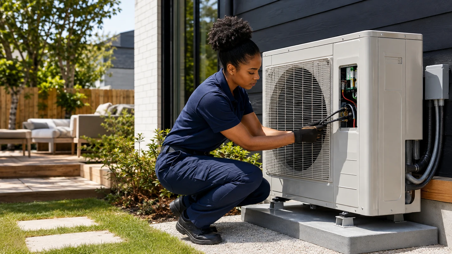 Residential outdoor heat-pump unit beside a brick home
