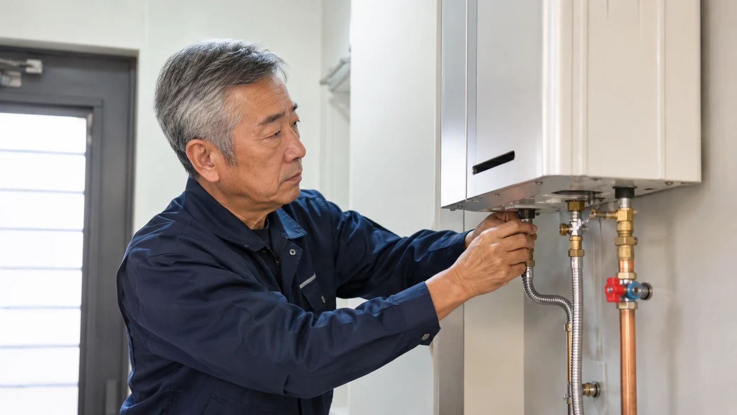 Wall-mounted tankless water-heater units with visible service clearances