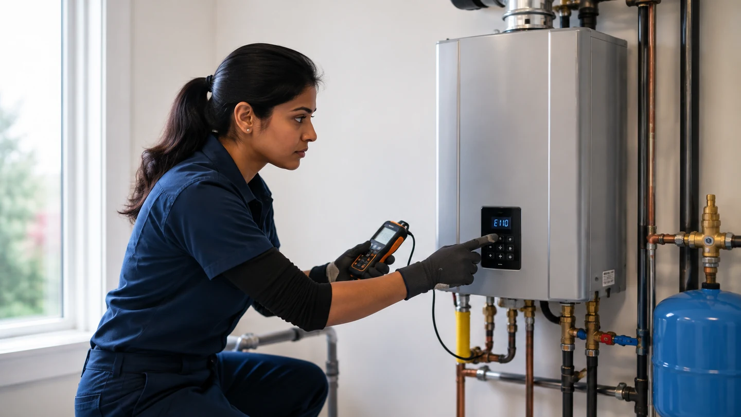 Open tankless water-heater cabinet prepared for diagnostic inspection