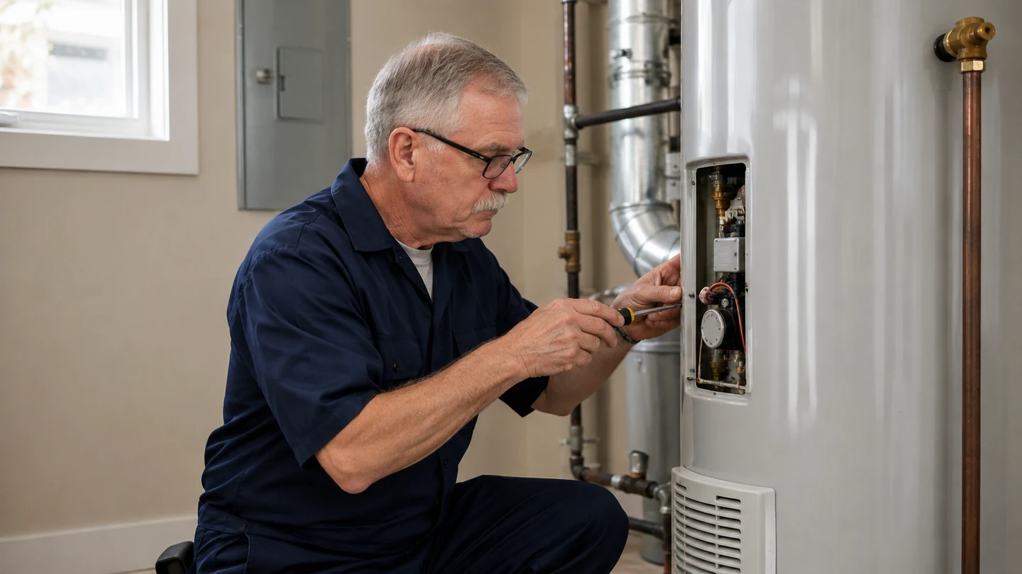 Technician inspecting a conventional residential water heater