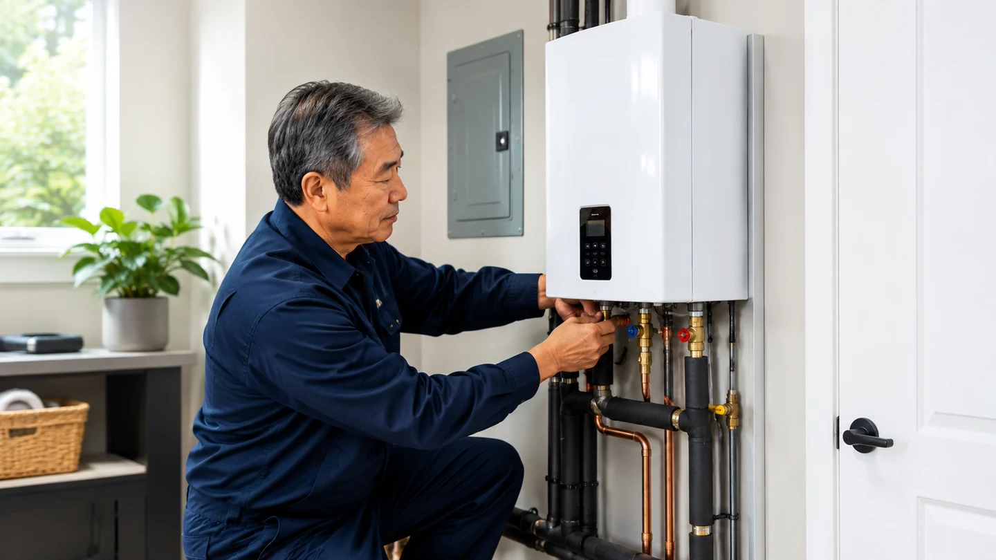 Technician inspecting a conventional water heater and its controls