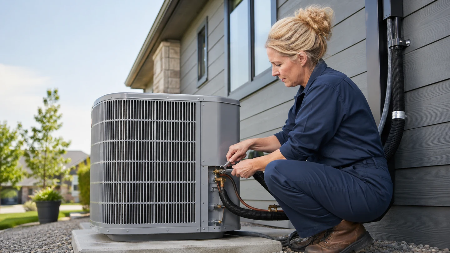 Technician reviewing residential cooling equipment during installation planning