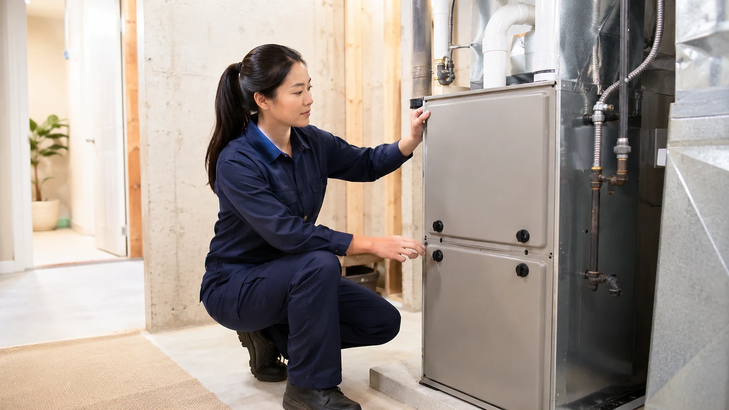 Technician checking furnace equipment and installation access