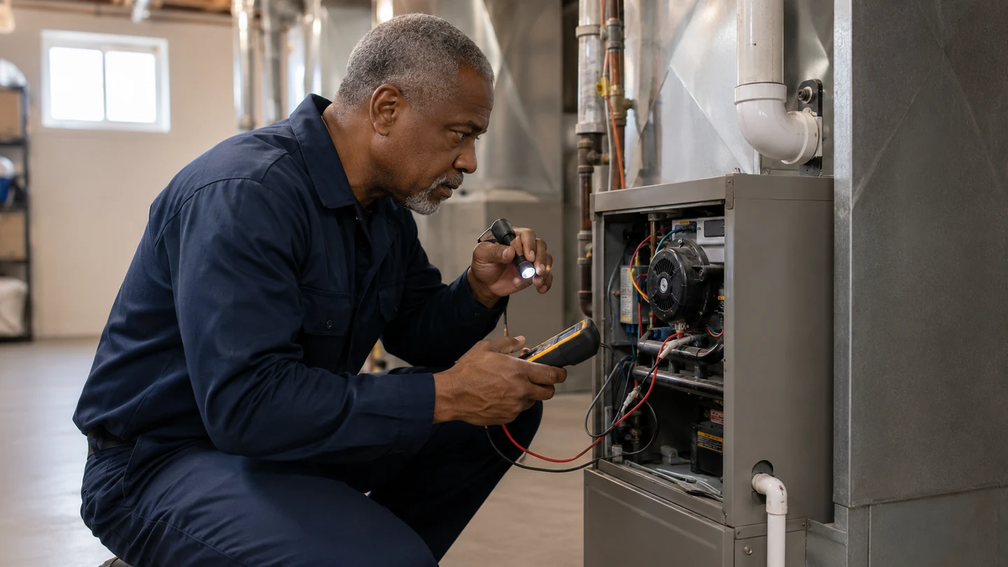 Technician servicing a residential furnace in a mechanical room