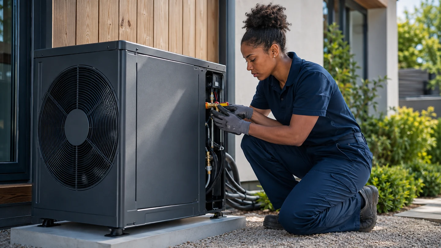 Technician reviewing outdoor heating and cooling equipment during installation planning