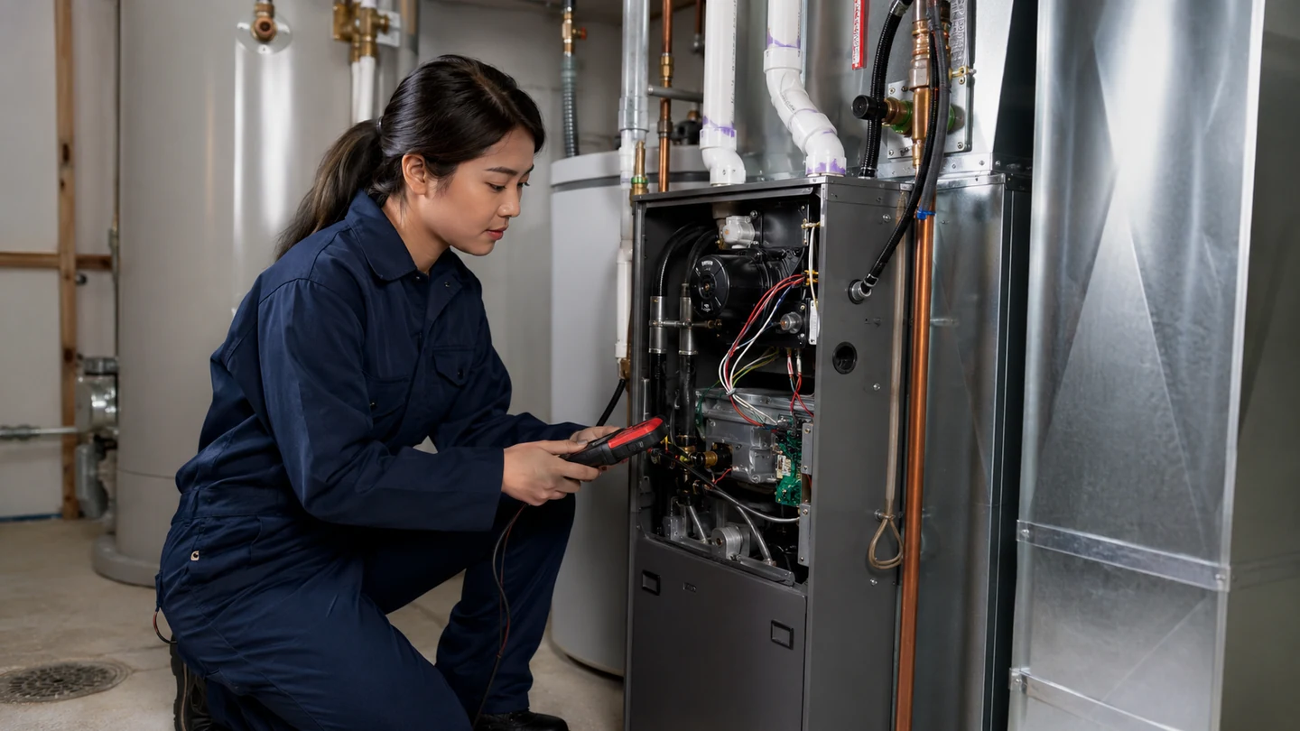 Technician inspecting residential heating equipment in a clean mechanical room