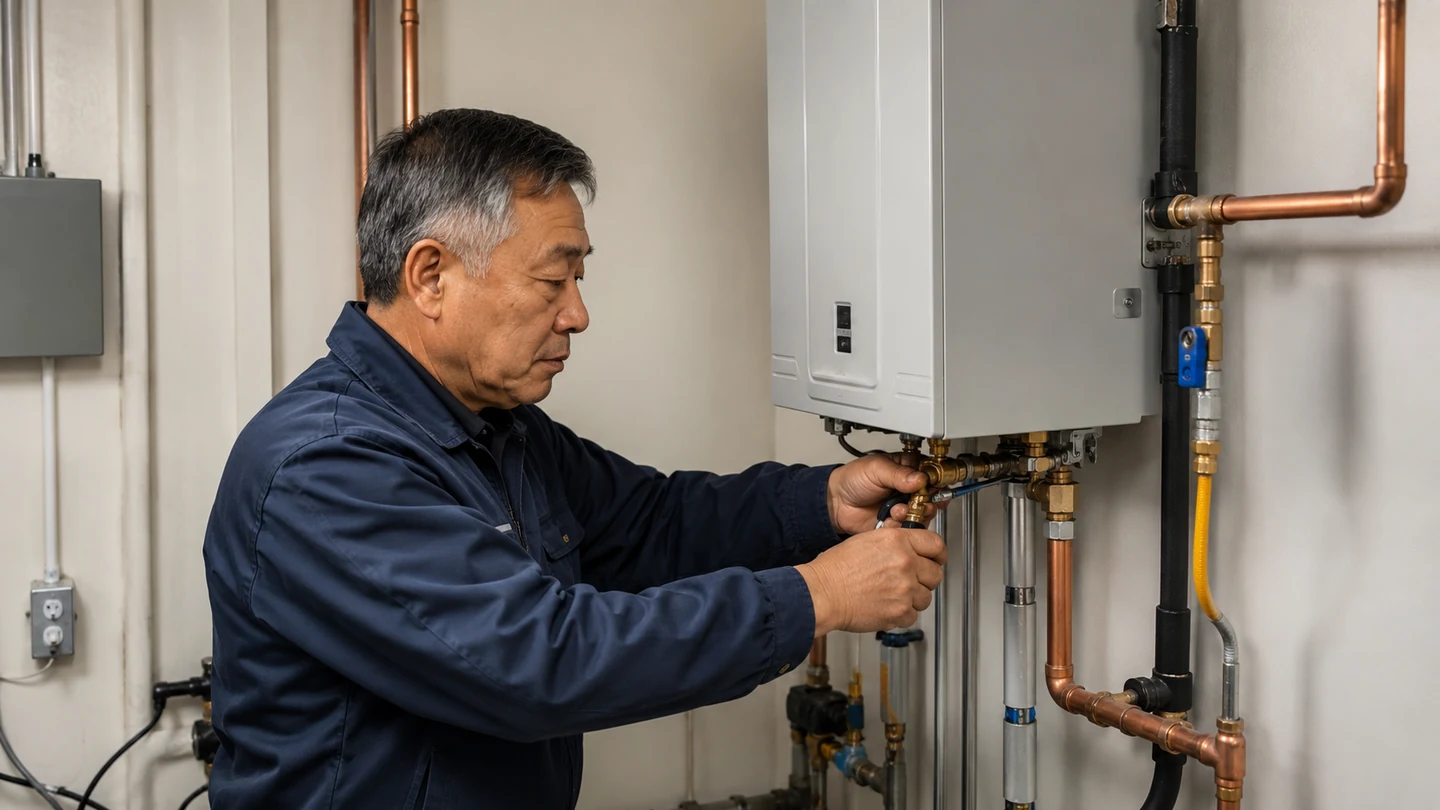 Technician reviewing a wall-mounted tankless water-heating system and surrounding access