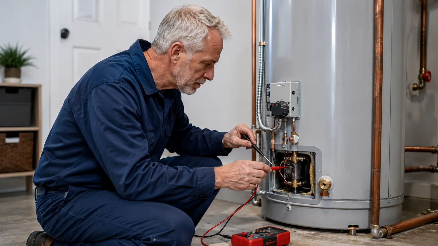 Technician reviewing a residential water-heater installation and service connections