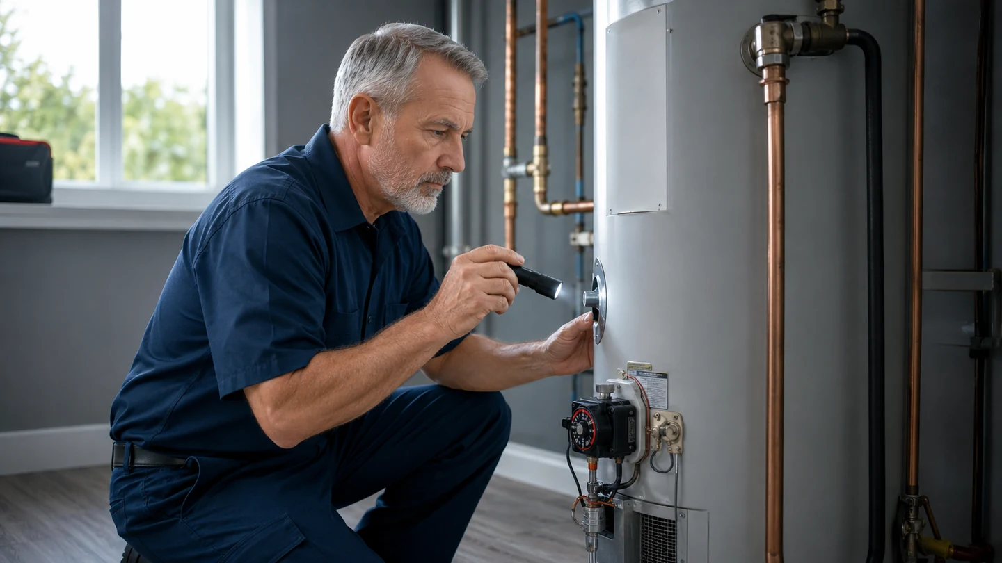 Technician inspecting a conventional residential water heater and service connections