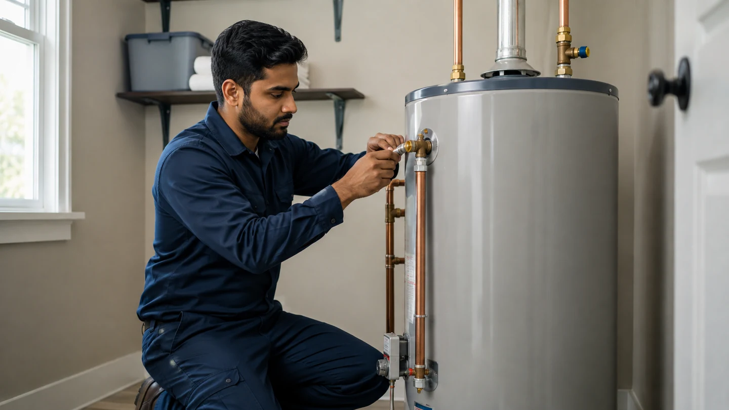 Technician reviewing a residential water-heating system and service connections