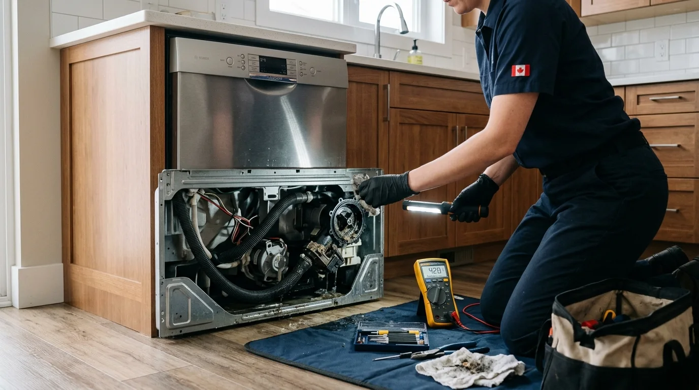 Dishwasher inspection scene illustrating bosch dishwasher e24 code in a residential setting