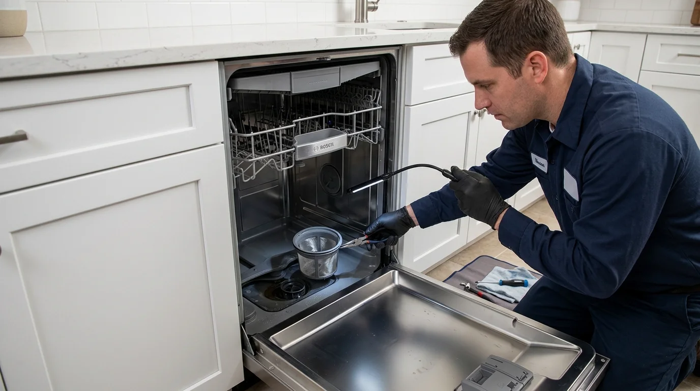Technician inspecting the lower filter and drain-pump area of a dishwasher while troubleshooting Bosch dishwasher E24 code