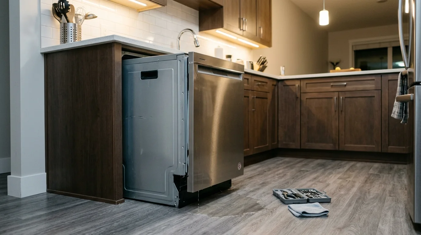 Dishwasher inspection scene illustrating dishwasher leaking in a residential setting