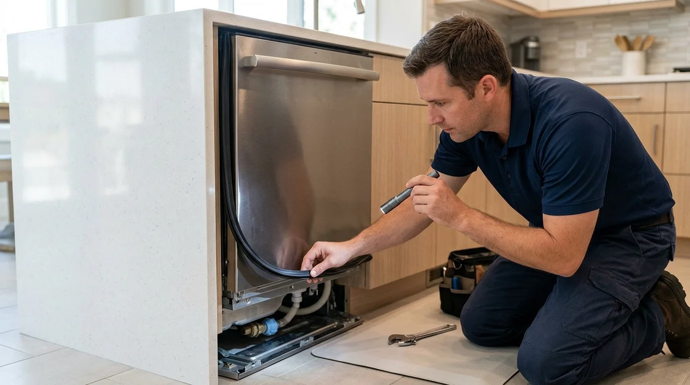 Technician inspecting the door seal, hose or lower-front leak inspection area of a dishwasher while troubleshooting dishwasher leaking