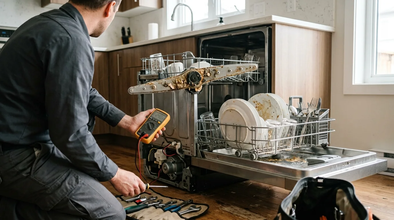 Dishwasher inspection scene illustrating dishwasher not cleaning dishes in a residential setting