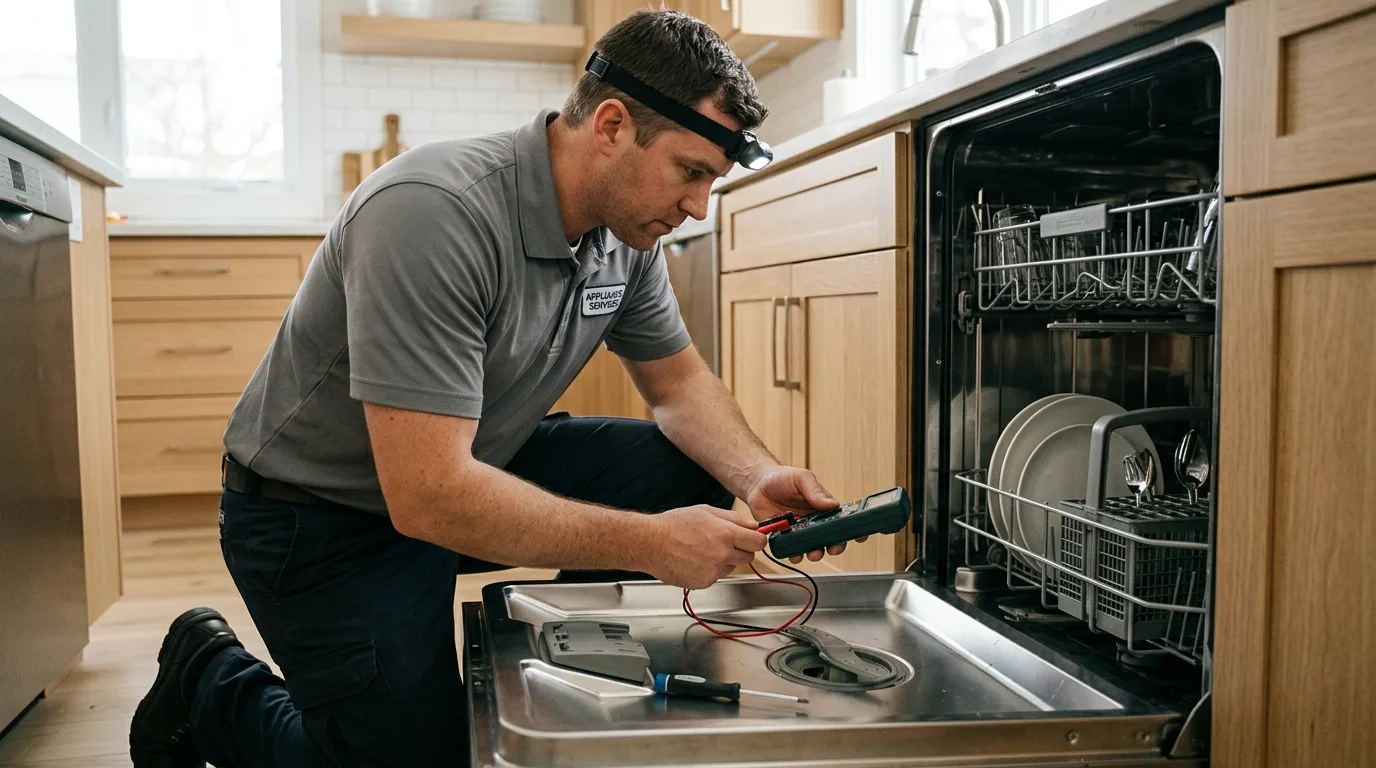 Technician inspecting the problem-specific component inspection area of a dishwasher while troubleshooting dishwasher not cleaning dishes