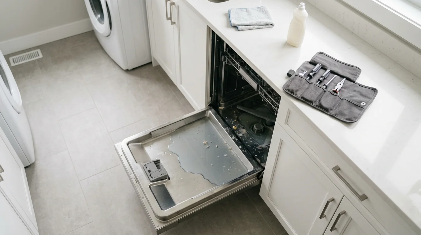 Dishwasher inspection scene illustrating dishwasher not draining in a residential setting