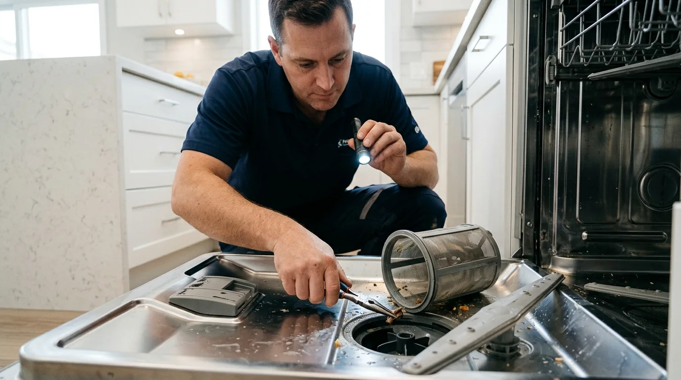 Technician inspecting the lower filter and drain-pump area of a dishwasher while troubleshooting dishwasher not draining
