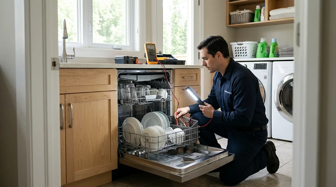 Dishwasher inspection scene illustrating dishwasher not drying dishes in a residential setting