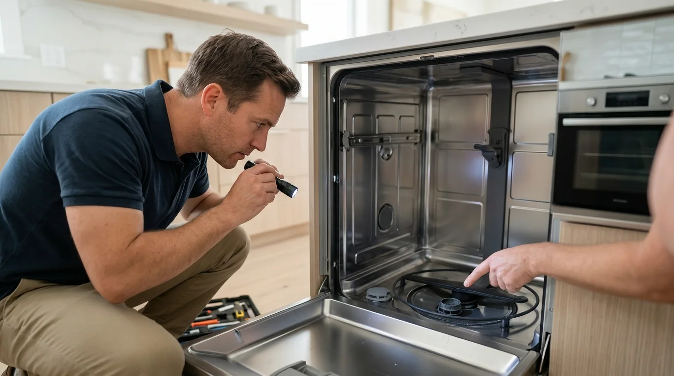 Technician inspecting the problem-specific component inspection area of a dishwasher while troubleshooting dishwasher not drying dishes