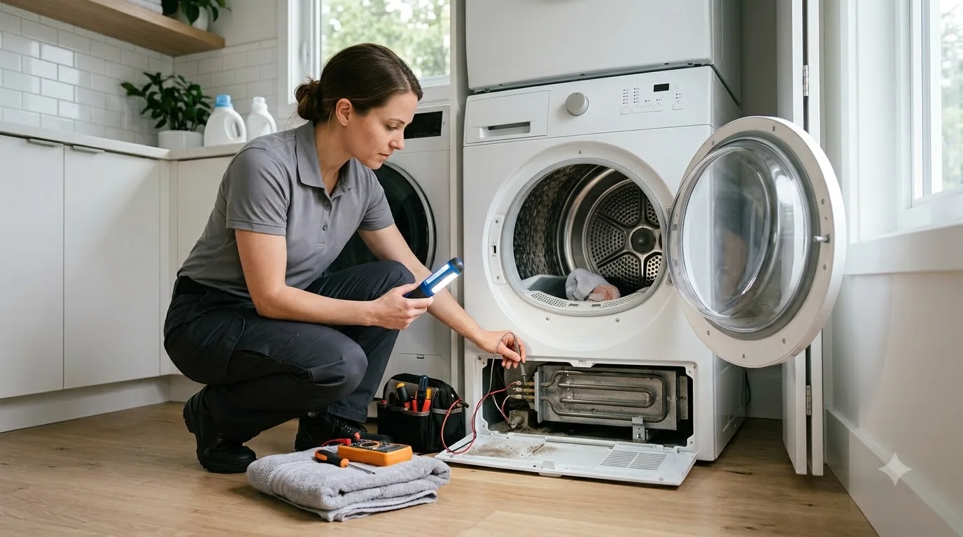 Dryer inspection scene illustrating dryer not heating up in a residential setting
