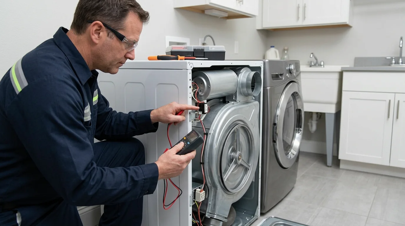 Technician inspecting the heating and airflow inspection area near the lint filter or vent connection of a dryer while troubleshooting dryer not heating up