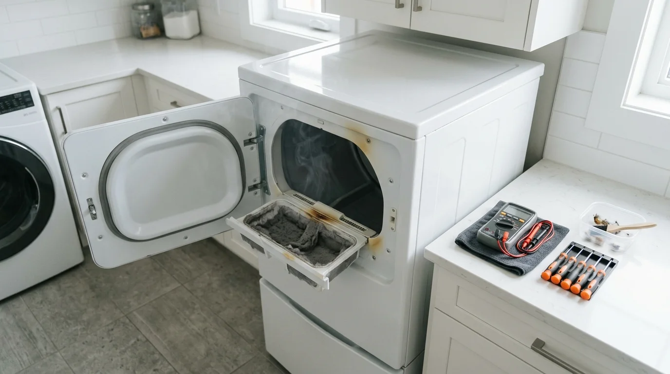 Dryer inspection scene illustrating dryer smells like burning in a residential setting
