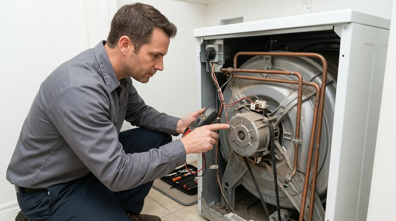 Technician inspecting the power, motor or overheating warning area of a dryer while troubleshooting dryer smells like burning