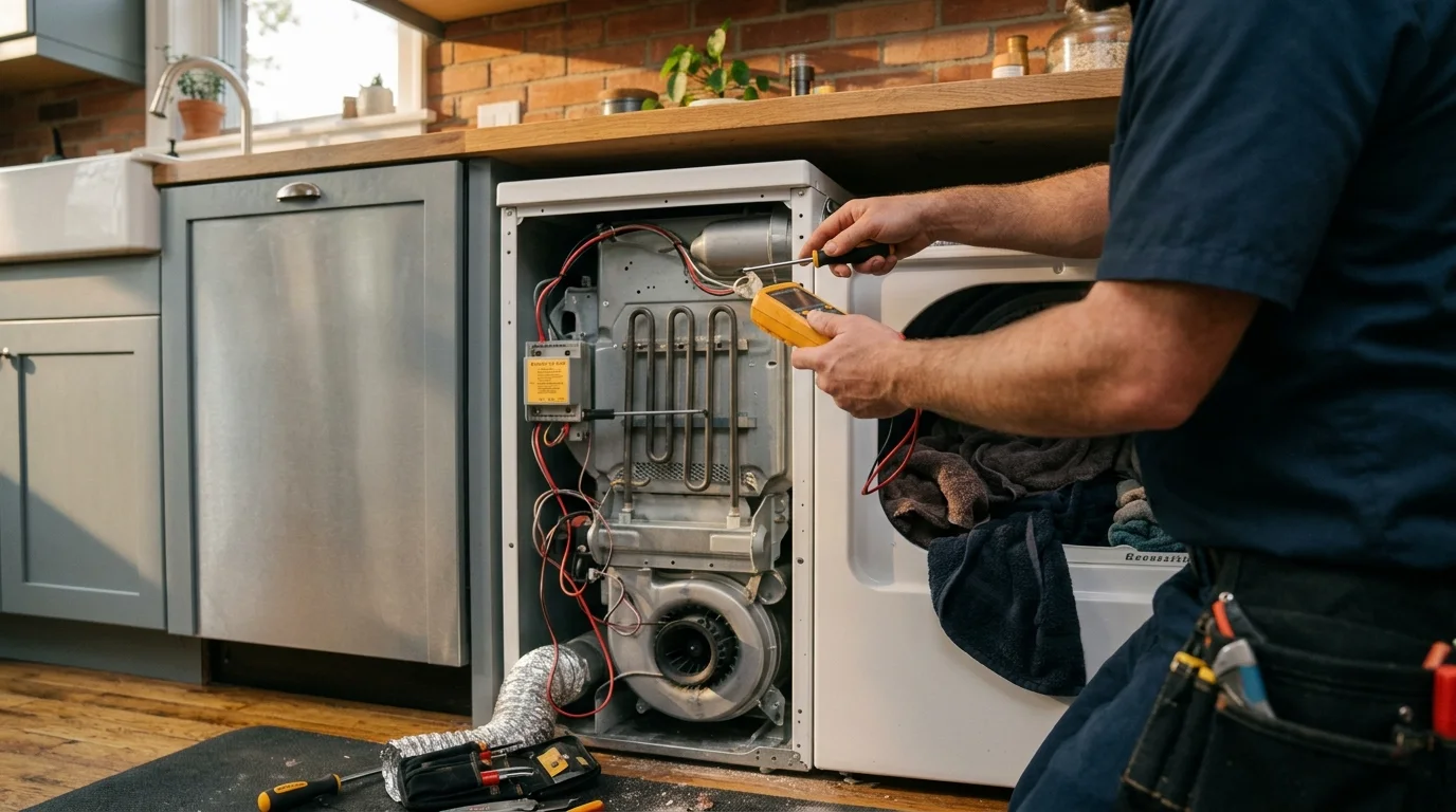 Dryer inspection scene illustrating dryer taking too long to dry in a residential setting
