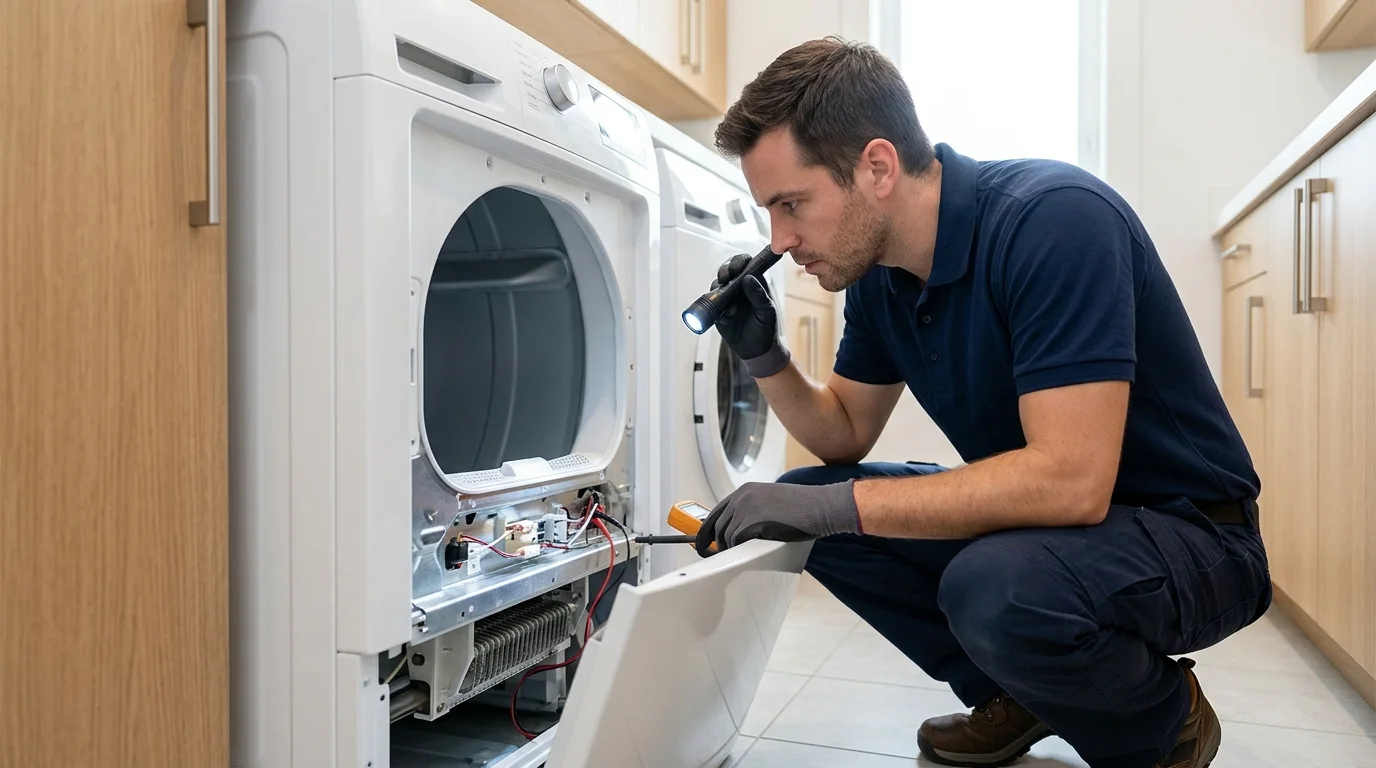 Technician inspecting the problem-specific component inspection area of a dryer while troubleshooting dryer taking too long to dry