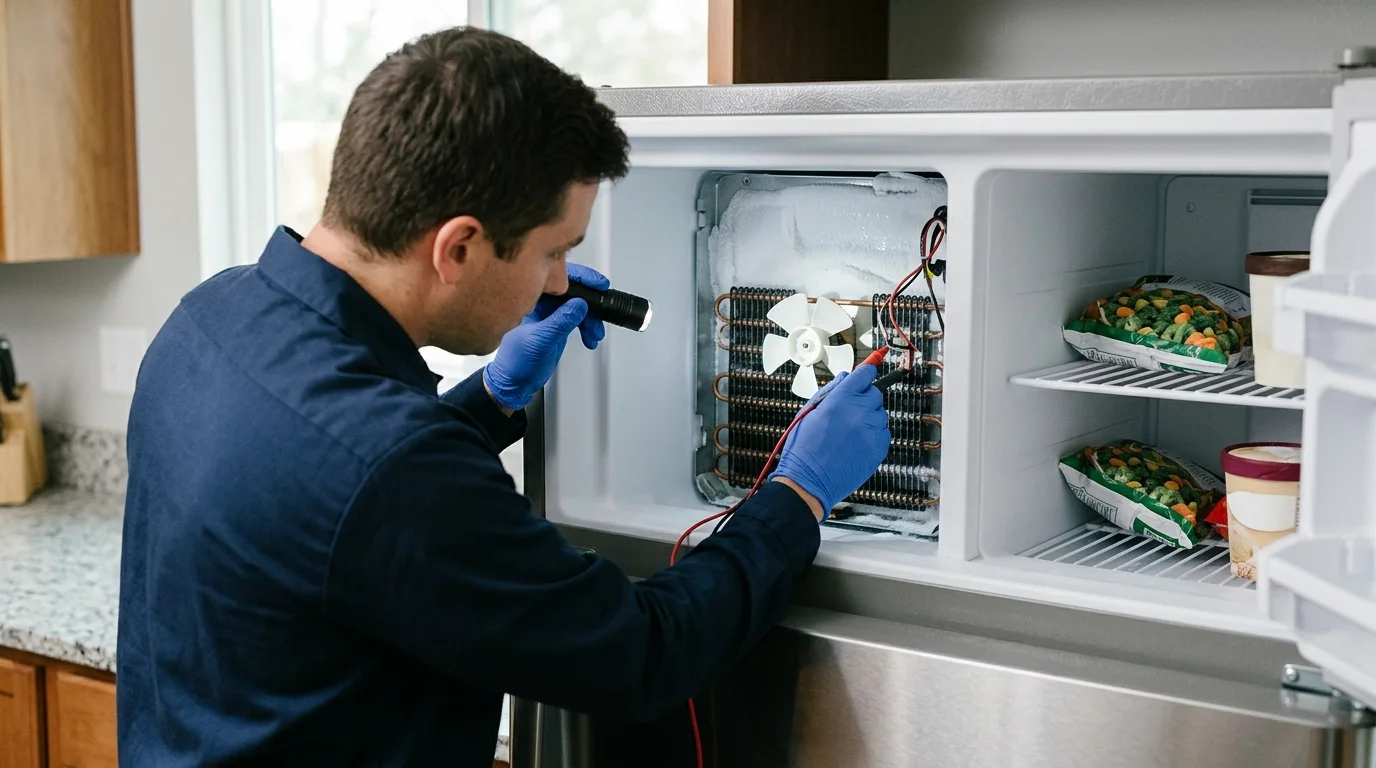 Technician inspecting the problem-specific component inspection area of a freezer while troubleshooting freezer not freezing