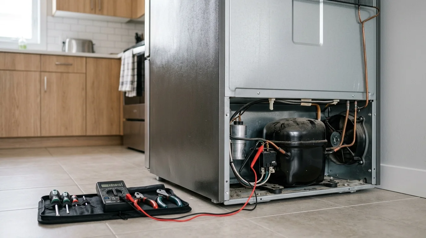 Refrigerator inspection scene illustrating fridge making clicking noise in a residential setting