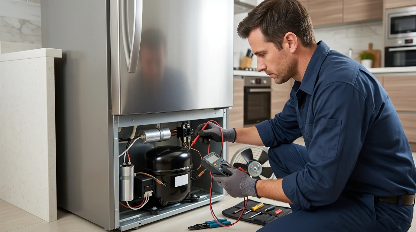 Technician inspecting the problem-specific component inspection area of a refrigerator while troubleshooting fridge making clicking noise