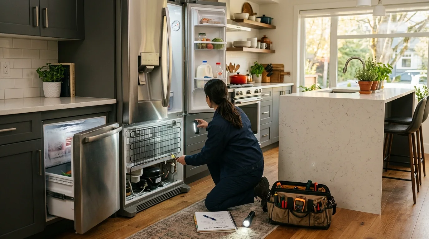 Refrigerator inspection scene illustrating fridge not cooling in a residential setting