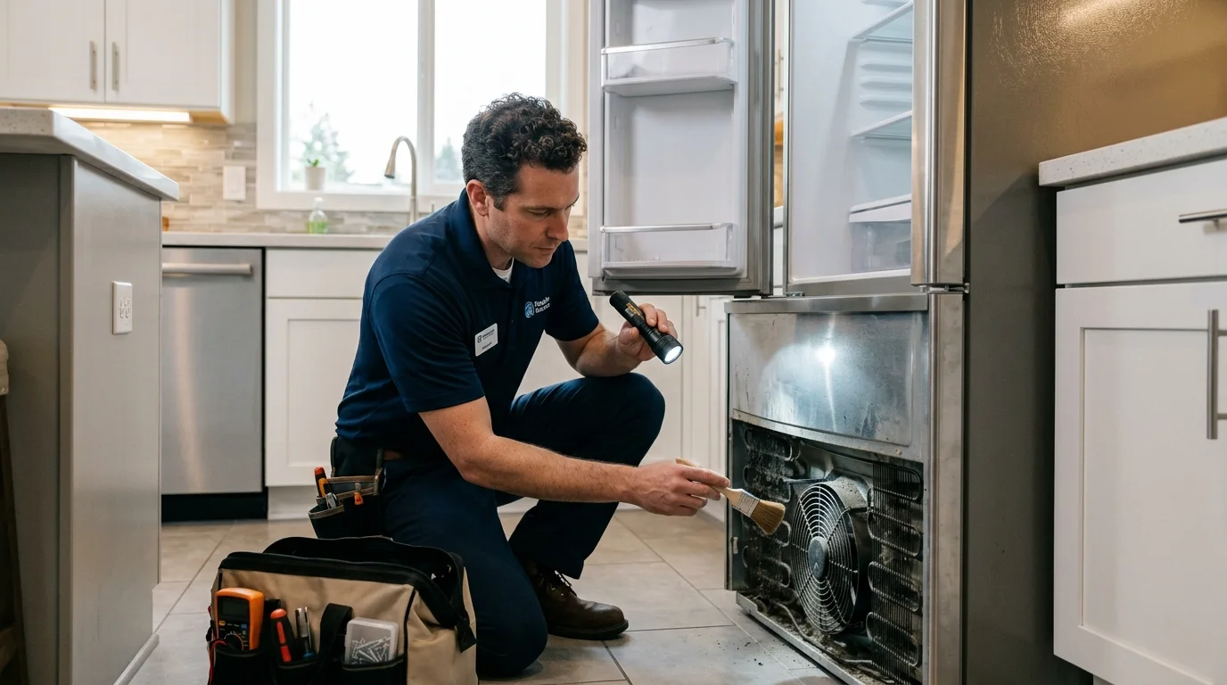 Technician inspecting the airflow, condenser or cooling-system inspection area of a refrigerator while troubleshooting fridge not cooling