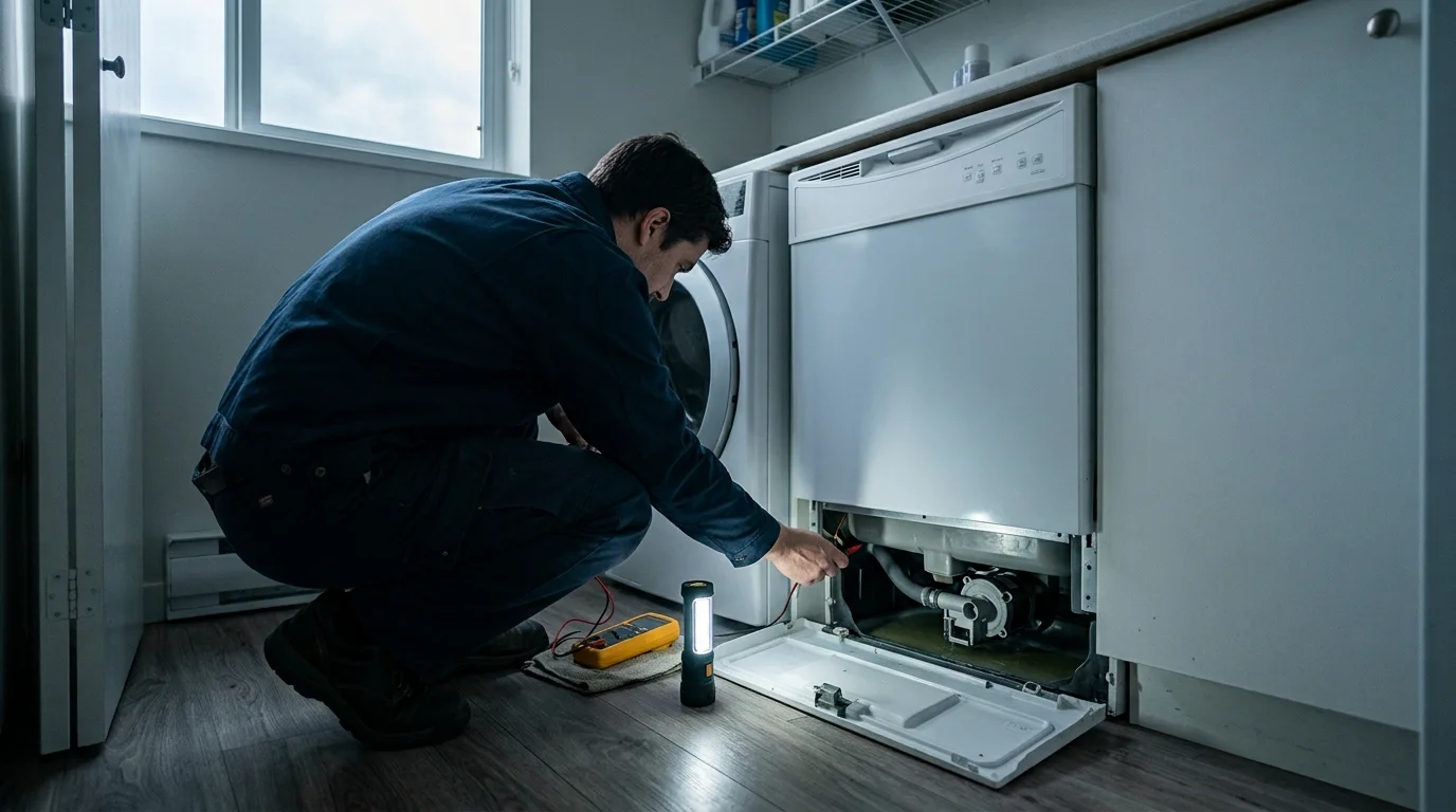 Dishwasher inspection scene illustrating frigidaire dishwasher not draining in a residential setting