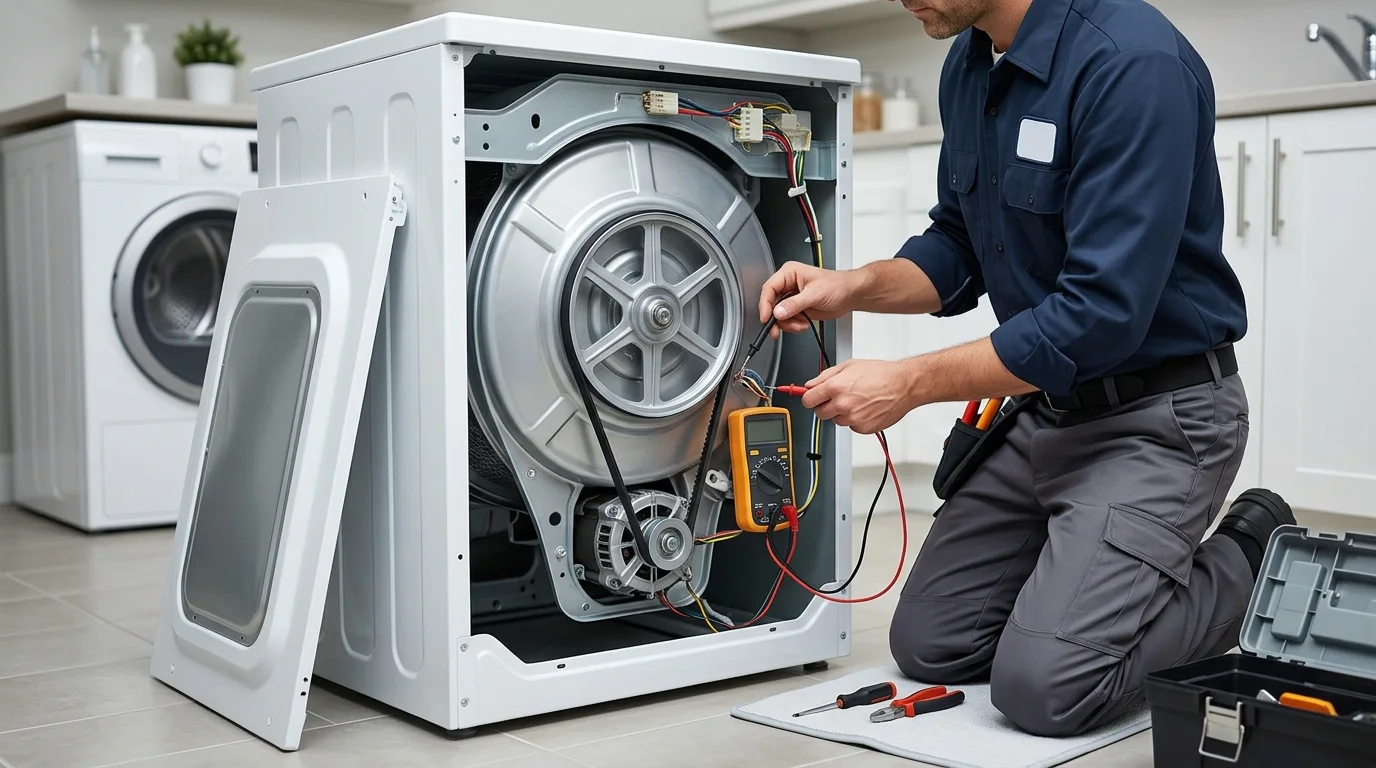 Technician inspecting the drum, belt, motor or support-component inspection area of a washing machine while troubleshooting GE washer not spinning