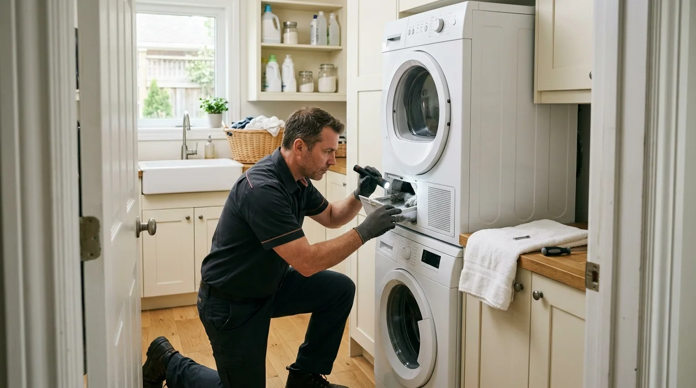 Dryer inspection scene illustrating lg dryer d80 code in a residential setting
