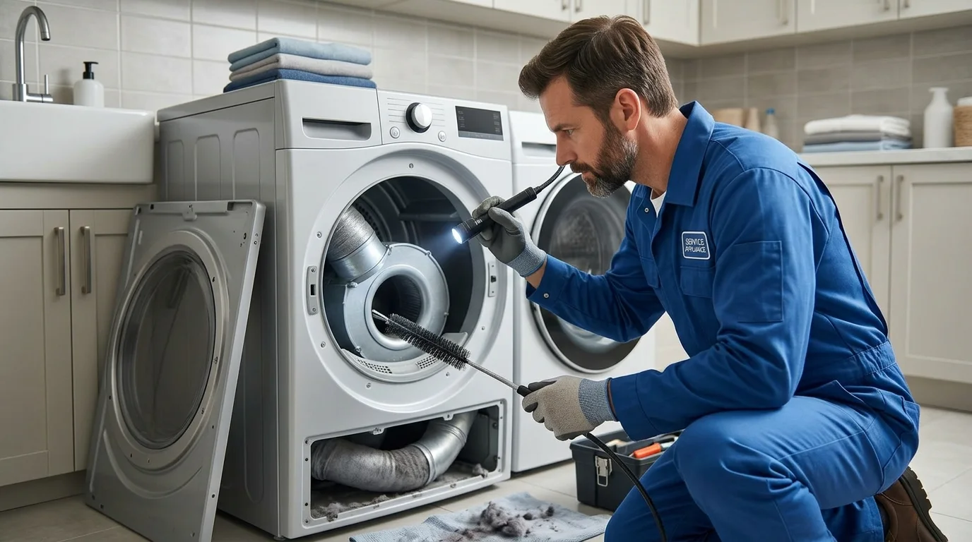 Technician inspecting the problem-specific component inspection area of a dryer while troubleshooting LG dryer D80 code