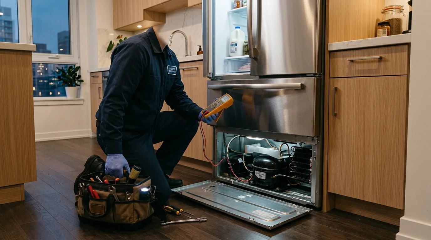 Refrigerator inspection scene illustrating lg fridge not cooling in a residential setting